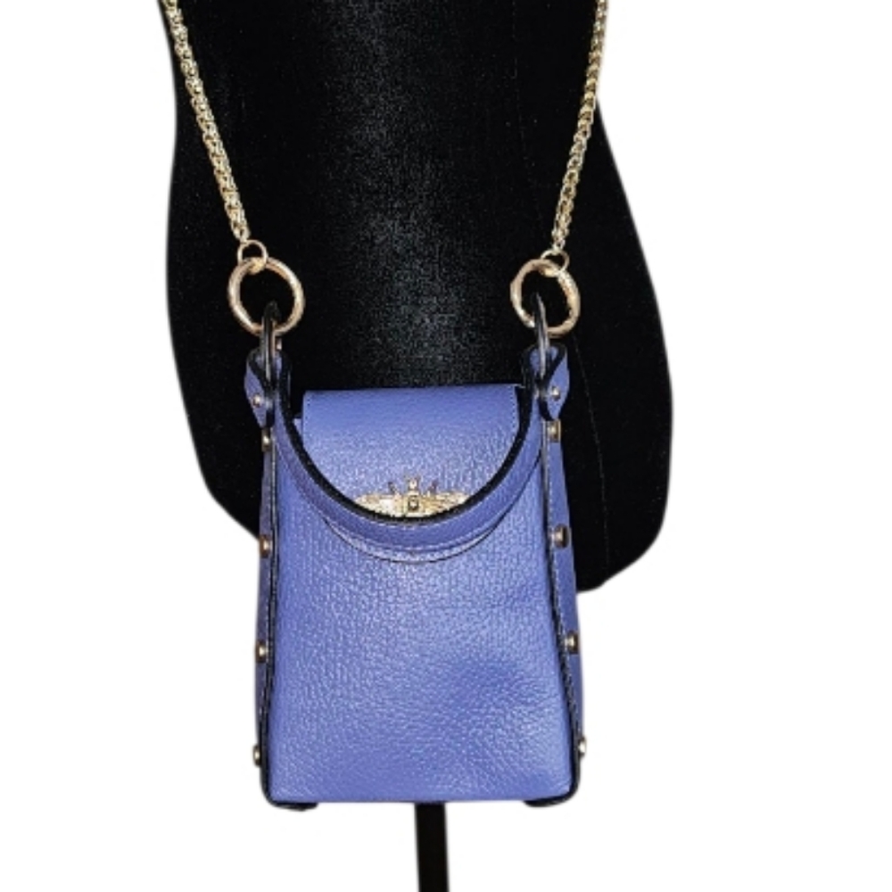 VERA PELLE Cassette Blue Mini Satchel/Crossbody with Gold Bee Accent & Chain - Picture 5 of 12